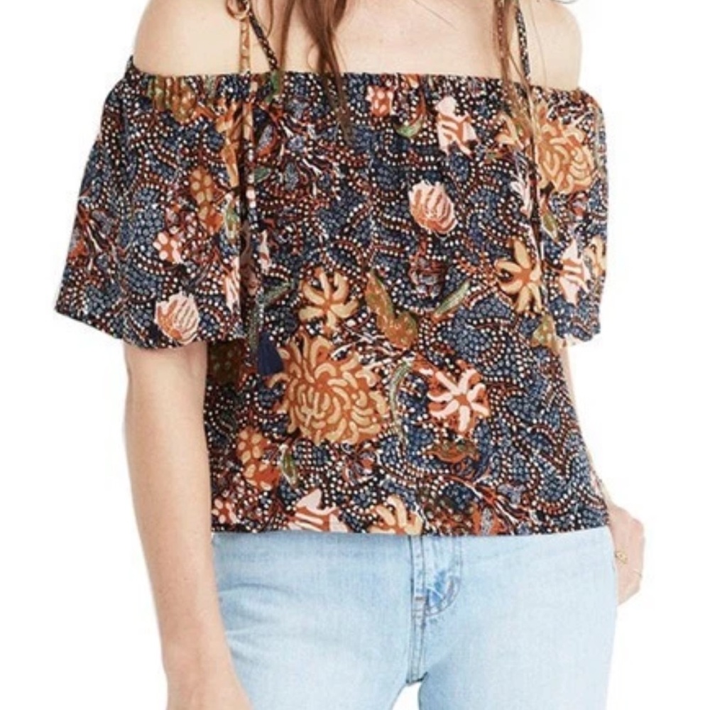 Madewell Multicolor Off the Shoulder Silk Blouse in Sea Floral, Size Medium